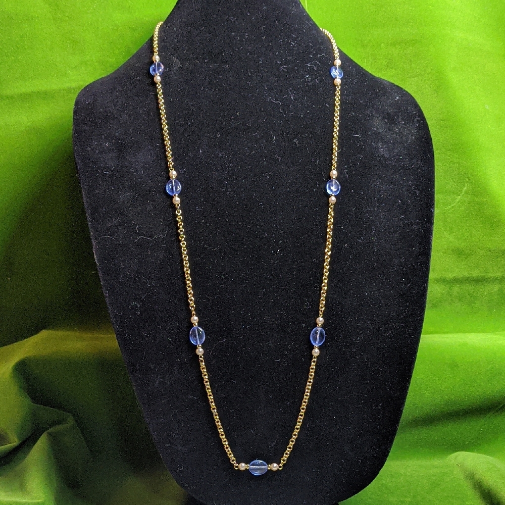 Vintage AVON Venetian Touch Necklace, Light Sapphire & Goldtone, 36", NOS